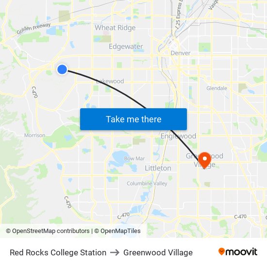 Red Rocks College Station to Greenwood Village map