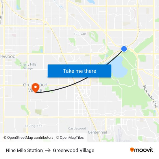 Nine Mile Station to Greenwood Village map