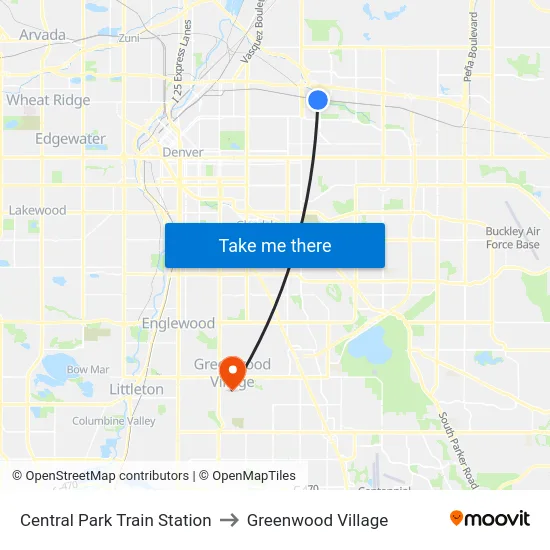 Central Park Train Station to Greenwood Village map