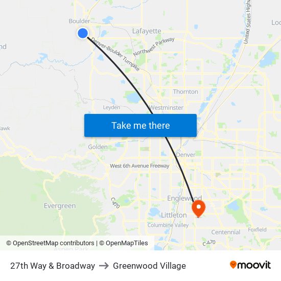 27th Way & Broadway to Greenwood Village map