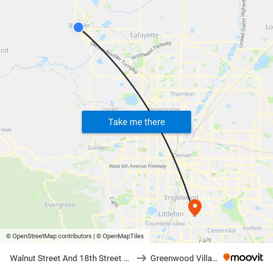 Walnut Street And 18th Street Wb to Greenwood Village map
