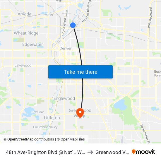 48th Ave/Brighton Blvd @ Nat`L Western Ctr to Greenwood Village map