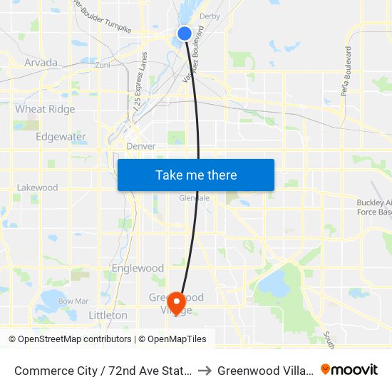 Commerce City / 72nd Ave Station to Greenwood Village map