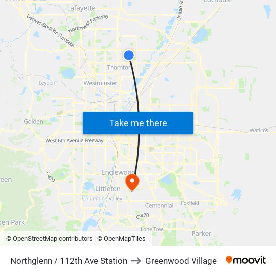 Northglenn / 112th Ave Station to Greenwood Village map