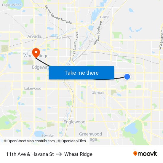 11th Ave & Havana St to Wheat Ridge map