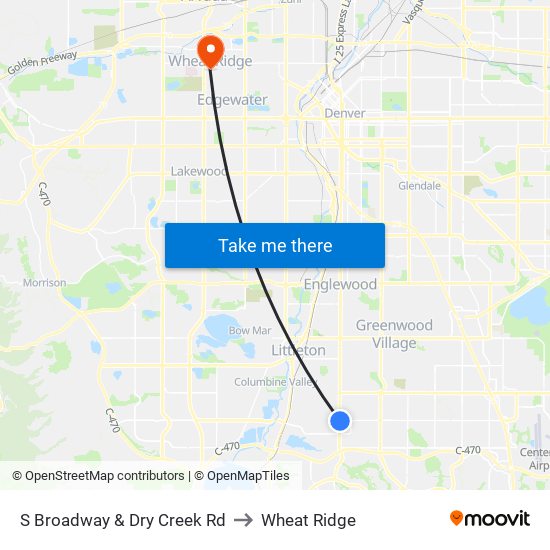 S Broadway & Dry Creek Rd to Wheat Ridge map