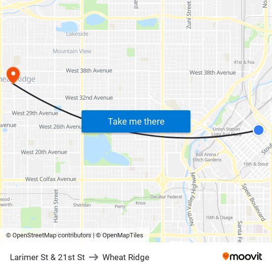 Larimer St & 21st St to Wheat Ridge map