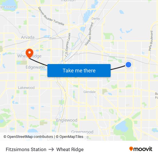 Fitzsimons Station to Wheat Ridge map