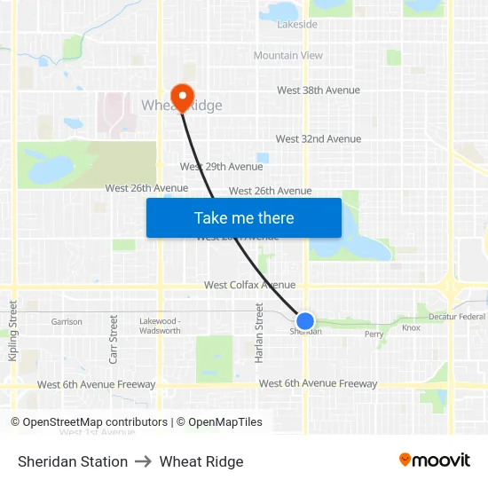 Sheridan Station to Wheat Ridge map