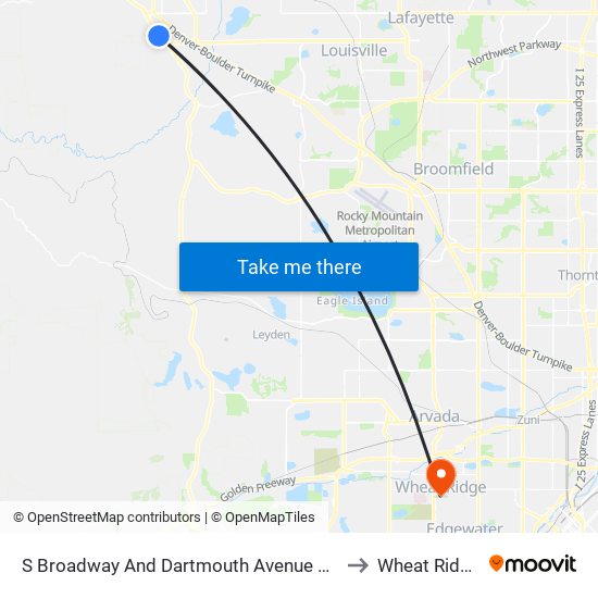 S Broadway And Dartmouth Avenue Nb to Wheat Ridge map