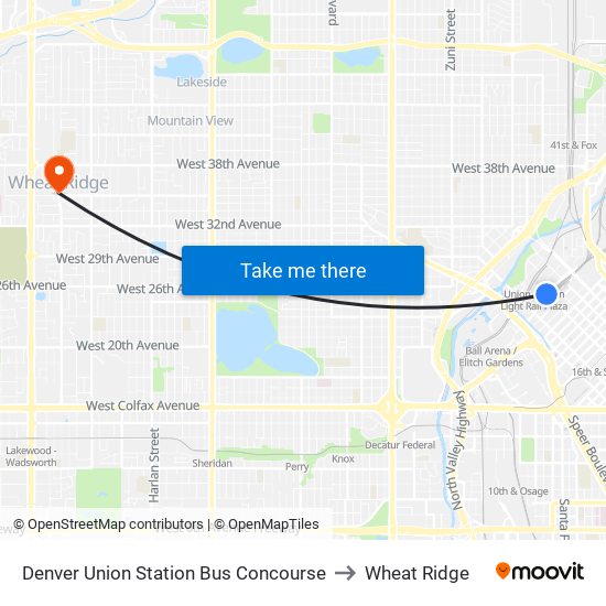 Denver Union Station Bus Concourse to Wheat Ridge map