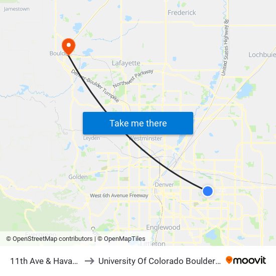 11th Ave & Havana St to University Of Colorado Boulder (Cinc) map