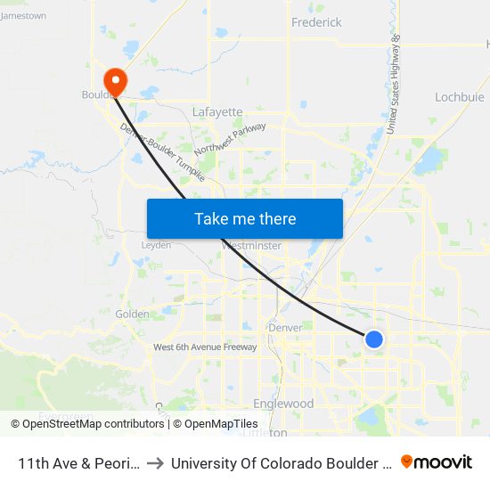 11th Ave & Peoria St to University Of Colorado Boulder (Cinc) map