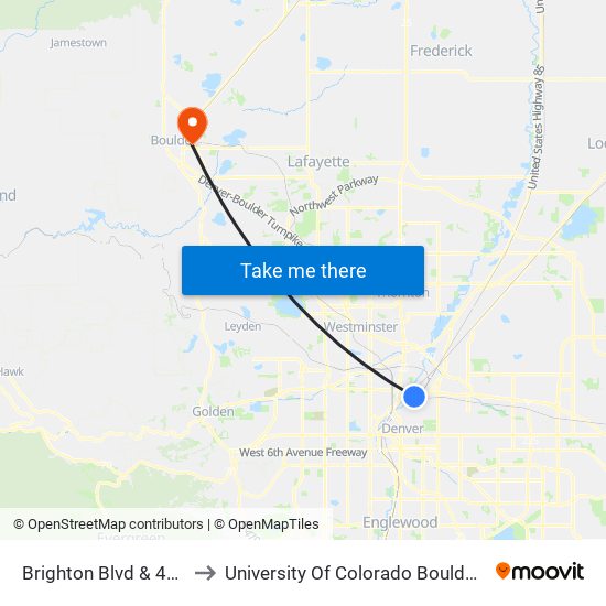 Brighton Blvd & 43rd St to University Of Colorado Boulder (Cinc) map