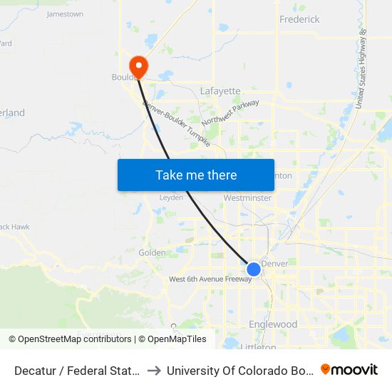 Decatur / Federal Station Gate E to University Of Colorado Boulder (Cinc) map