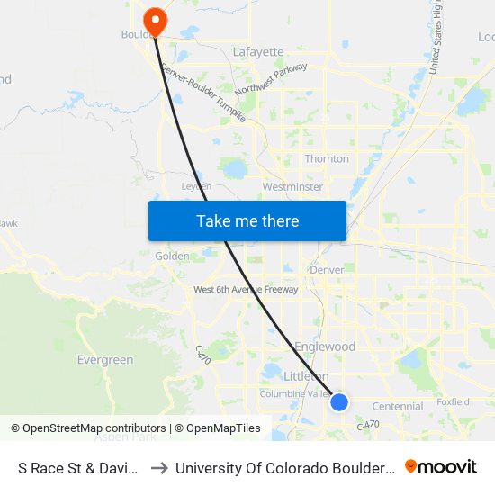 S Race St & Davies Pl to University Of Colorado Boulder (Cinc) map