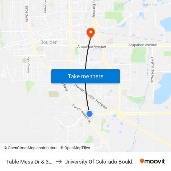 Table Mesa Dr & 39th St to University Of Colorado Boulder (Cinc) map