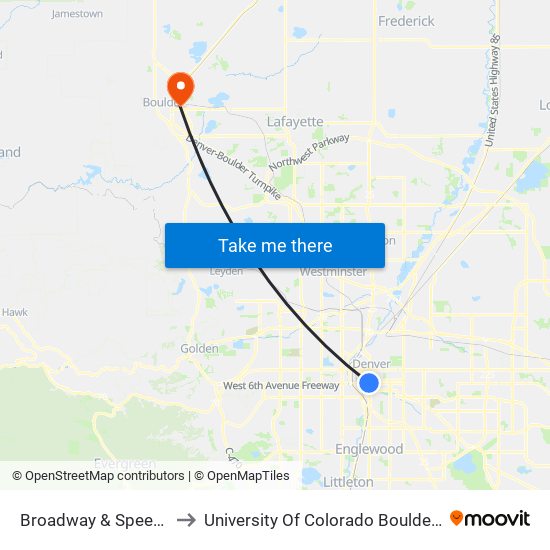 Broadway & Speer Blvd to University Of Colorado Boulder (Cinc) map