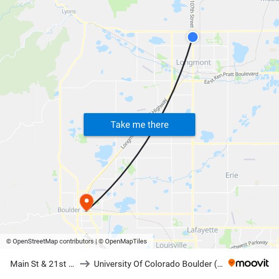 Main St & 21st Ave to University Of Colorado Boulder (Cinc) map