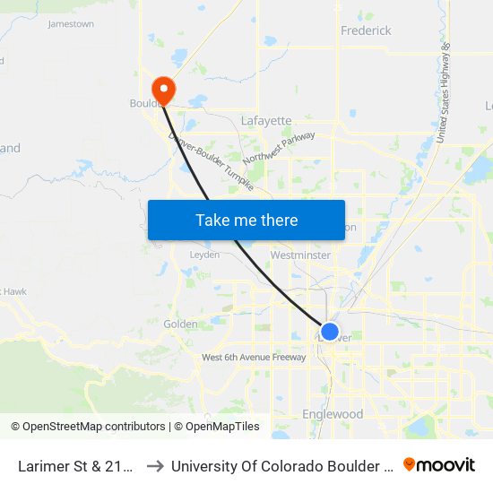 Larimer St & 21st St to University Of Colorado Boulder (Cinc) map