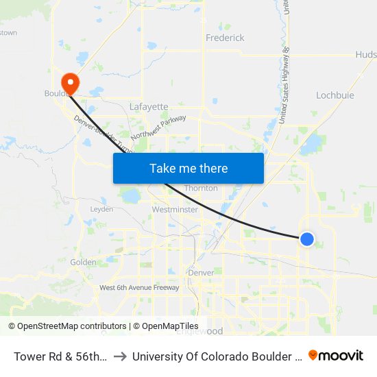 Tower Rd & 56th Ave to University Of Colorado Boulder (Cinc) map