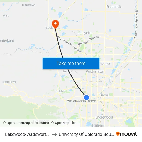 Lakewood-Wadsworth Station to University Of Colorado Boulder (Cinc) map