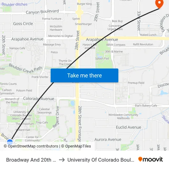 Broadway And 20th Avenue to University Of Colorado Boulder (Cinc) map