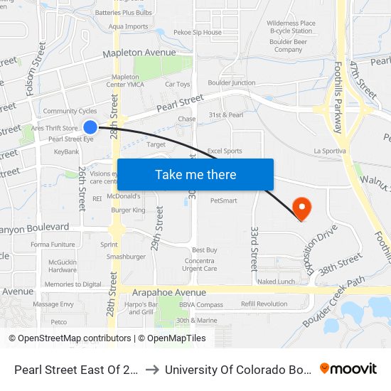 Pearl Street East Of 26th Street to University Of Colorado Boulder (Cinc) map