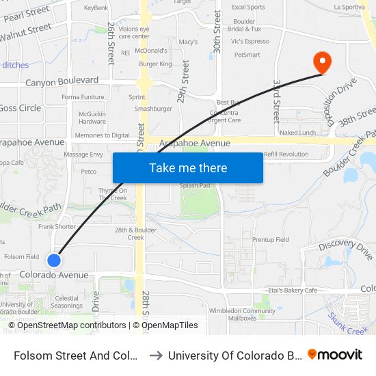 Folsom Street And Colorado Avenue to University Of Colorado Boulder (Cinc) map
