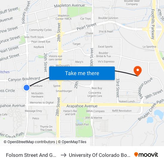 Folsom Street And Goss Street to University Of Colorado Boulder (Cinc) map