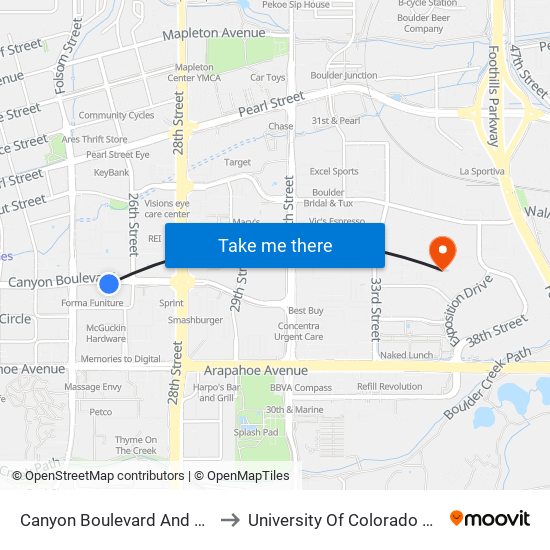 Canyon Boulevard And Folsom Street to University Of Colorado Boulder (Cinc) map