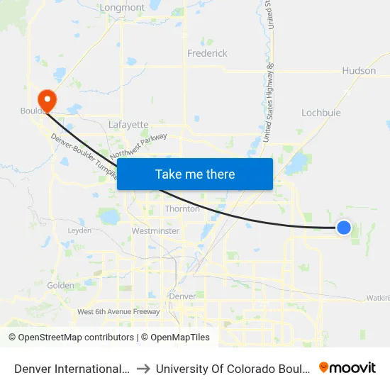 Denver International Airport to University Of Colorado Boulder (Cinc) map