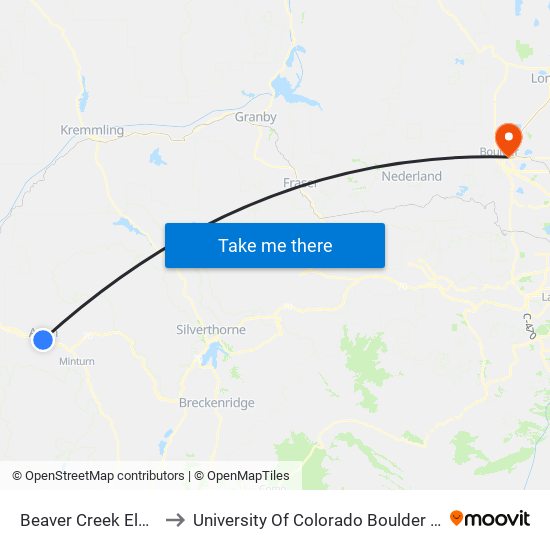 Beaver Creek Elk Lot to University Of Colorado Boulder (Cinc) map