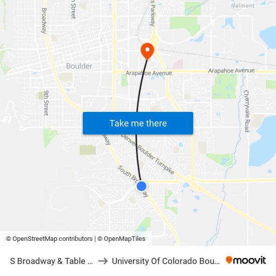 S Broadway & Table Mesa Dr to University Of Colorado Boulder (Cinc) map