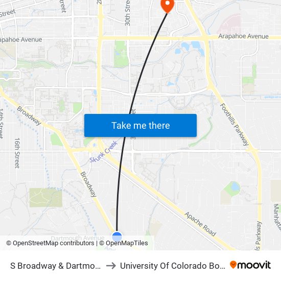 S Broadway & Dartmouth Ave Sb to University Of Colorado Boulder (Cinc) map