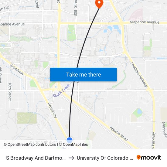 S Broadway And Dartmouth Avenue Nb to University Of Colorado Boulder (Cinc) map