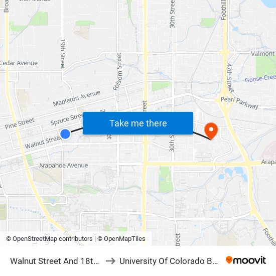 Walnut Street And 18th Street Wb to University Of Colorado Boulder (Cinc) map