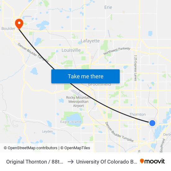 Original Thornton / 88th Ave Station to University Of Colorado Boulder (Cinc) map