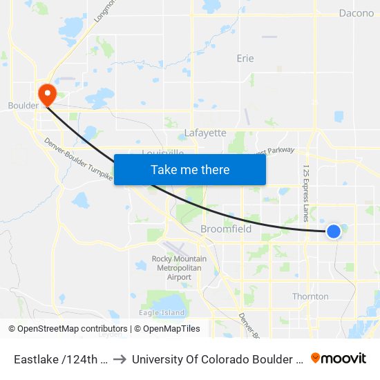 Eastlake /124th Ave to University Of Colorado Boulder (Cinc) map