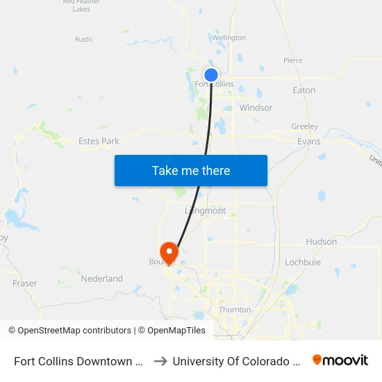 Fort Collins Downtown Transit Center to University Of Colorado Boulder (Cinc) map