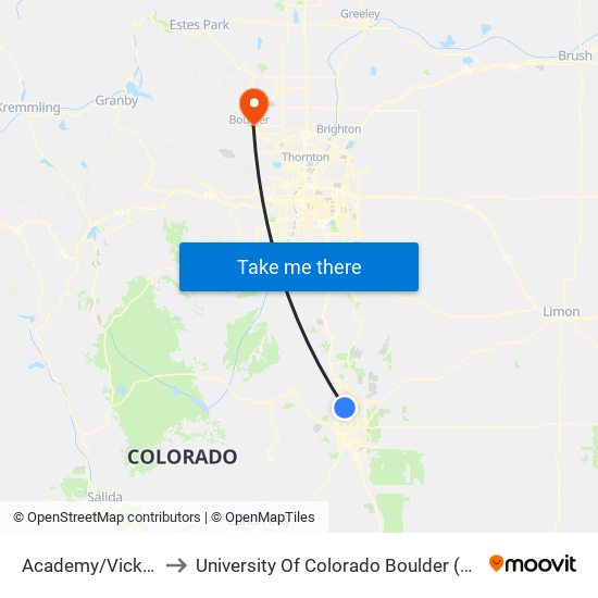 Academy/Vickers to University Of Colorado Boulder (Cinc) map