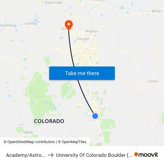 Academy/Astrozon to University Of Colorado Boulder (Cinc) map