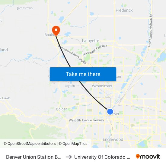 Denver Union Station Bus Concourse to University Of Colorado Boulder (Cinc) map