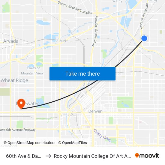 60th Ave & Dahlia St to Rocky Mountain College Of Art And Design map