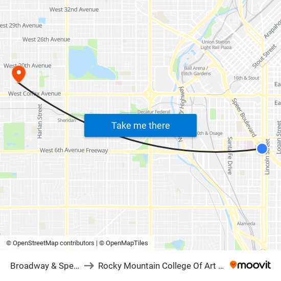 Broadway & Speer Blvd to Rocky Mountain College Of Art And Design map