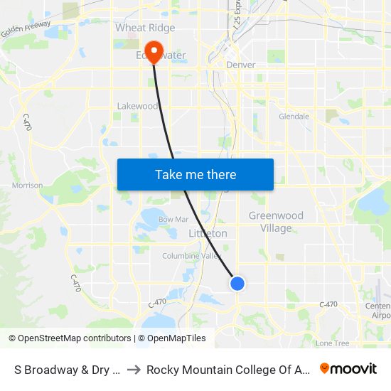 S Broadway & Dry Creek Rd to Rocky Mountain College Of Art And Design map