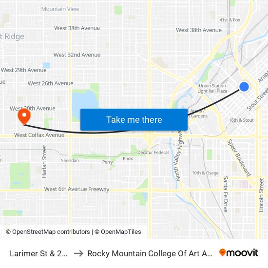 Larimer St & 21st St to Rocky Mountain College Of Art And Design map