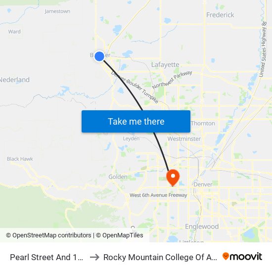 Pearl Street And 18th Street to Rocky Mountain College Of Art And Design map