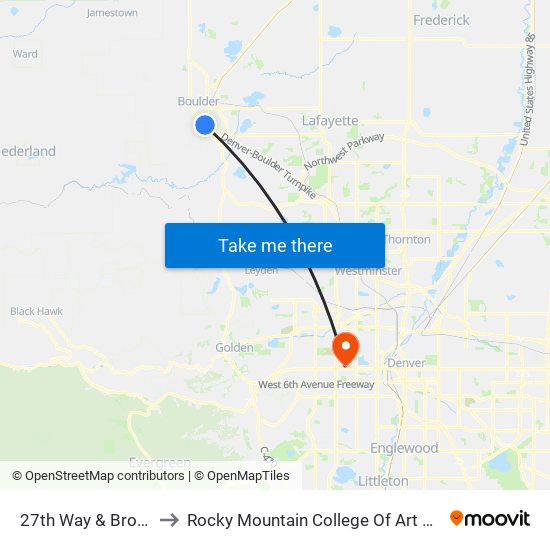27th Way & Broadway to Rocky Mountain College Of Art And Design map