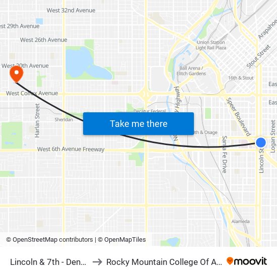 Lincoln & 7th - Denver Health to Rocky Mountain College Of Art And Design map